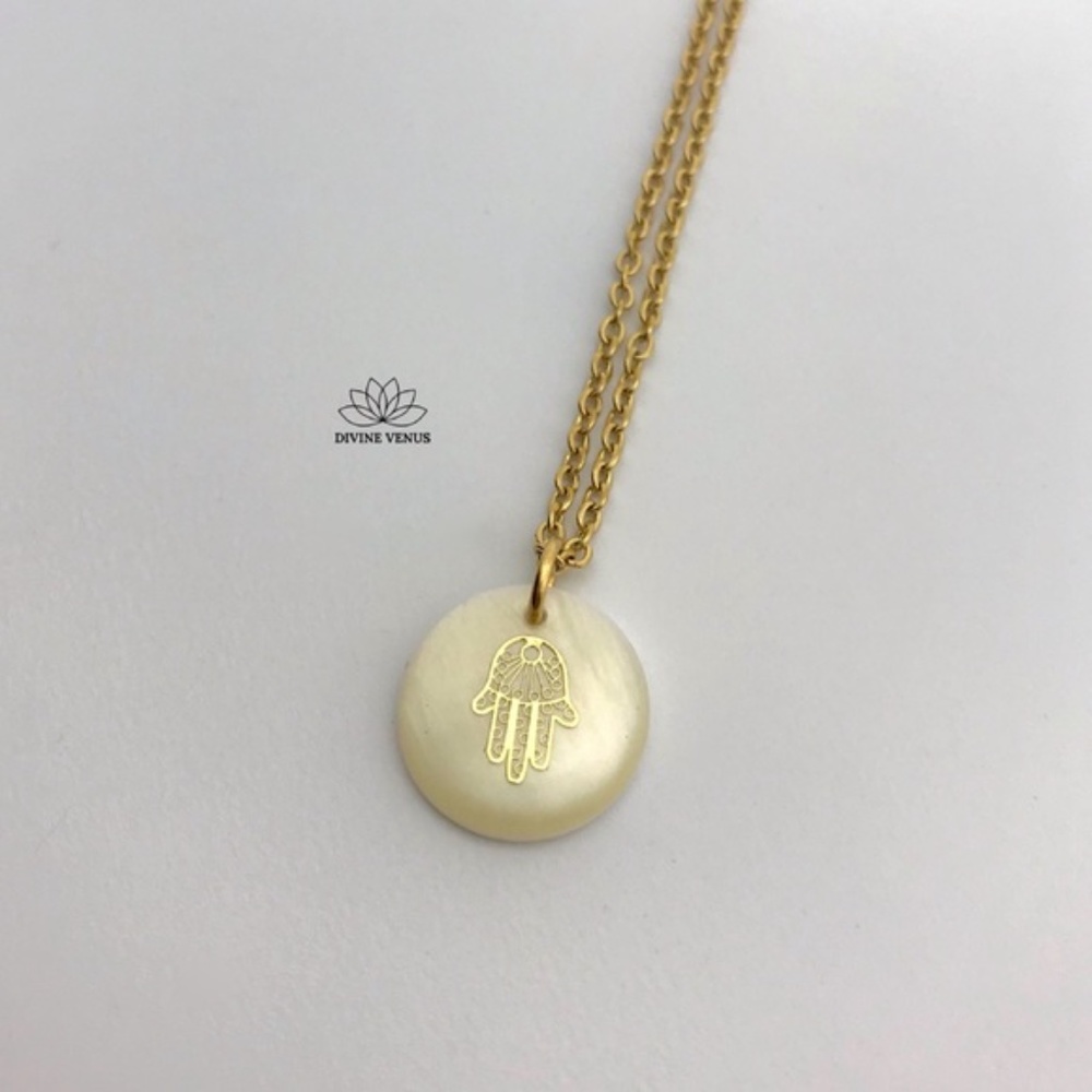 Freshwater Shell Hamsa Necklace | Stainless Steel - Picture 8 of 10